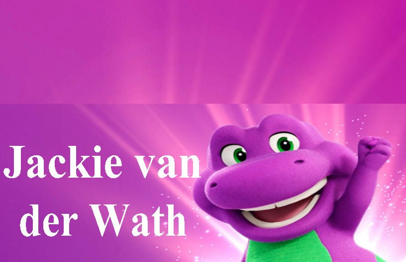 a purple dinosaur with white text